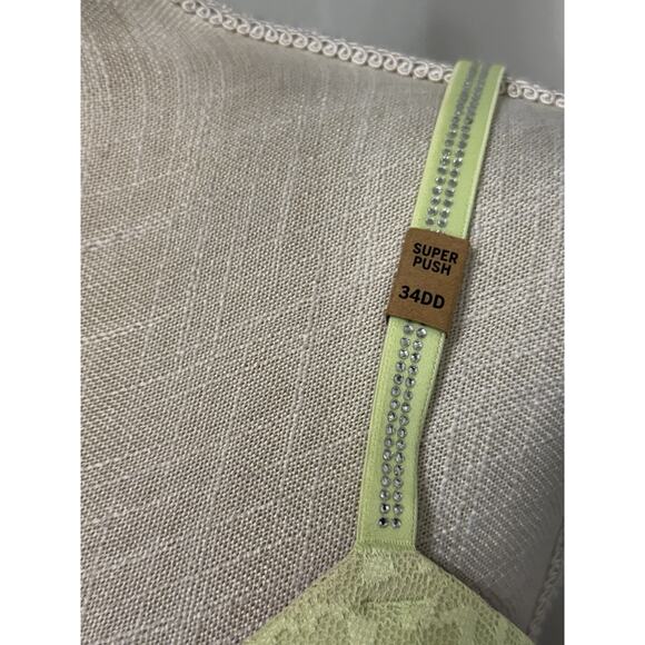 New Victoria's Secret PINK SUPER PUSH-UP BRA Green Lace Rhinestone Shine 34DD - Picture 2 of 3